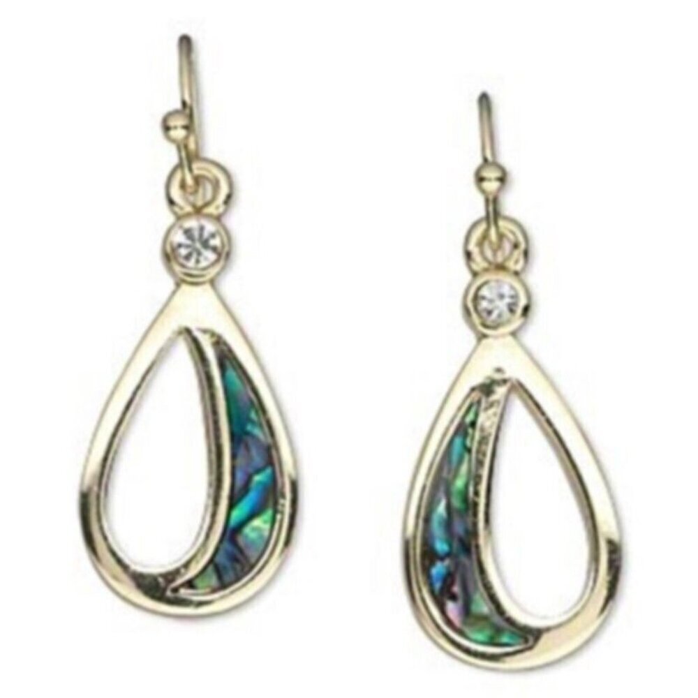Organic Paua Abalone Shell Open Teardrop Austrian Crystal Gold Plated Earrings
